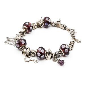 Vintage Purple Murano Glass Sterling Silver Charm Bracelet Size 7.5 Inches